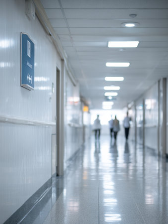 Nephrology signage clearly visible in a clean hospital hallway, with medical personnel walking toward the camera in a well-lit environment.の素材