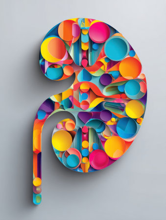 Colorful abstract shapes create a unique kidney design, showing vibrant hues and an upper area presenting a creative and open layoutの素材