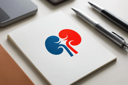 A kidney doctor logo design mockup is displayed on a clean white surface, showing a vibrant red and blue kidney graphic with an unoccupied upper area.の素材