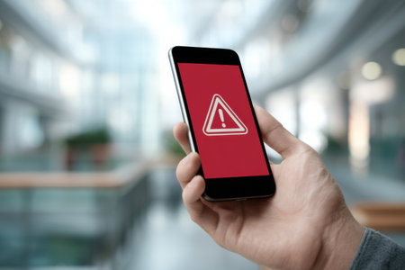 A smartphone shows an emergency poison alert application with a warning symbol, held by a person in a contemporary indoor setting filled with natural light.の素材