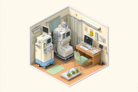 Isometric medical room featuring a dialysis machine setup alongside a workstation, creating a functional and organized healthcare environment.の素材