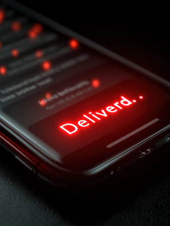 Close-up view of a smartphone displaying a glowing delivered notification while other messages are dimly visible in the background, creating a modern ambiance.の素材