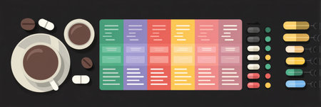A detailed caffeine label decoding chart features vibrant colors and organized sections, accompanied by coffee cups and pills for reference.の素材