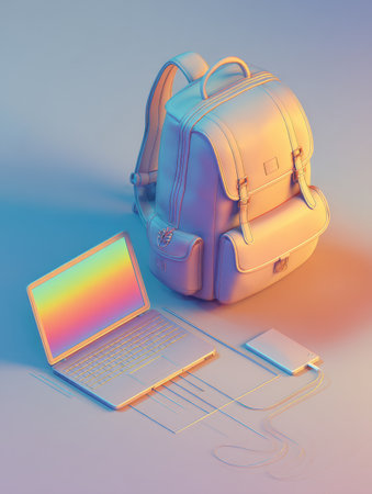 A workspace designed for remote work showcases a laptop, backpack, and accessories, emphasizing a contemporary work-from-anywhere lifestyle with soft colors.の素材