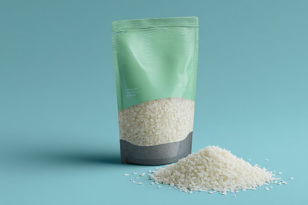 Frozen cauliflower rice is showcased in a transparent pouch against a light blue background, with additional rice scattered on the surface.の素材