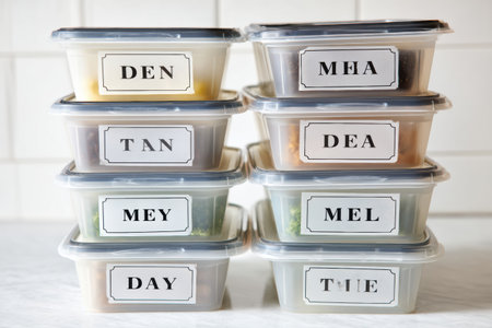 Stack of labeled meal-prepped containers arranged neatly for easy access to healthy meals throughout the week, promoting organized eating habits.の素材