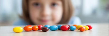 A child curiously looks at vibrant vitamins spread across a table, showcasing a playful atmosphere in a bright indoor environment during daylight.の素材