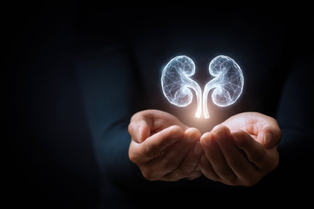 Hands gently cradle a glowing kidney organ icon that features a heart glowing within, symbolizing health and the importance of organ care in medicine.の素材