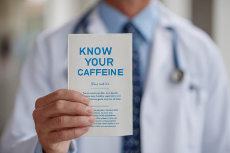 A healthcare professional holds a pamphlet titled Know Your Caffeine, encouraging patients to understand the effects of caffeine on health and wellbeing.の素材
