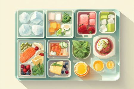 A colorful flat design showcases a well-arranged family meal with various frozen ingredients, highlighting healthy choices in a simple layout.の素材