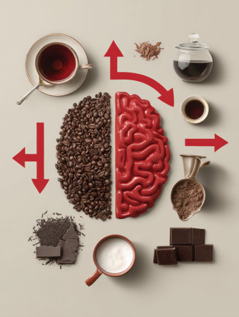 A brain icon split in half is surrounded by coffee, tea, chocolate, and spices, showcasing caffeines impact on the mind.の素材