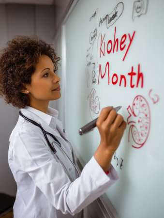 A doctor in a lab coat writes Kidney Month on a whiteboard, promoting kidney health awareness in a medical setting with illustrations.の素材
