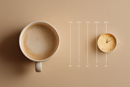Visualization shows a coffee cup next to a clock, illustrating suggested hours for caffeine consumption cutoff to enhance sleep and energy levels.の素材