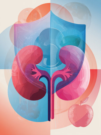 This awareness poster showcases a kidney design overlaid on shield and apple icons, emphasizing the importance of kidney health and overall wellness.の素材