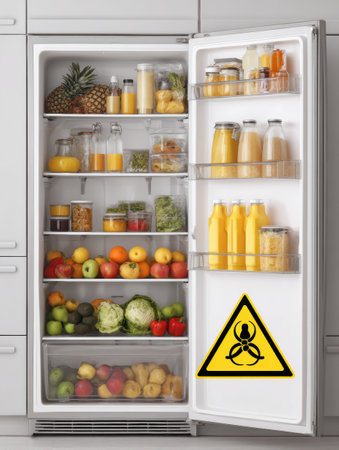 Refrigerator showcases left side filled with labeled fruits and vegetables while the right side highlights hazardous substances with a caution sign.の素材