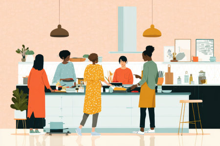 A group of friends actively engages in cooking dinner in a spacious and contemporary kitchen with a warm atmosphere while enjoying each others company.の素材