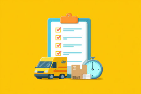 A flat design checklist for couriers features items and timestamps next to a delivery truck and stopwatch on a bright yellow background.の素材