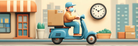 Delivery person rides a blue scooter with a masked face, emphasizing safety while transporting packages through a lively city setting during daytime.の素材