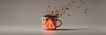 A coffee mug overflows with beans and liquid, surrounded by jitter lines and warning lights, depicting a moment of coffee-related chaos in a stylized renderの素材