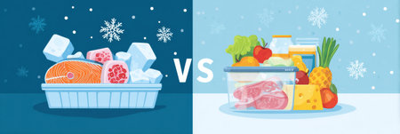 A clear infographic outlines the differences in nutrition between frozen and fresh foods, helping viewers make informed dietary decisions.の素材