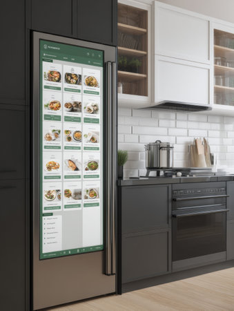 Digital kitchen showcases a sleek interface displaying frozen meal plans on a screen, enhancing meal preparation efficiency and organization.の素材