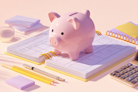 Piggy bank sits atop a planner surrounded by stationery, emphasizing personal finance management and budgeting in a serene setting.の素材