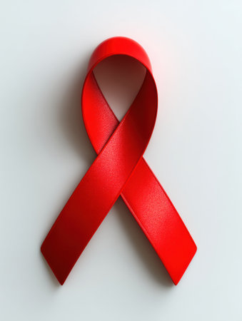Clean and vibrant 3D render features a red kidney awareness ribbon prominently displayed against a soft white background, emphasizing kidney health awareness.の素材