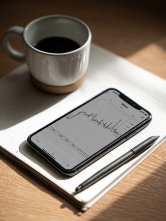 Mood tracker app tracks daily progress without caffeine, placed near a cup of coffee on a simple desk, illuminated by soft morning sunlight.の素材