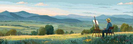 An artist sits on a chair in a field, painting a picturesque landscape with mountains in the background, enjoying the serene outdoor atmosphere.の素材