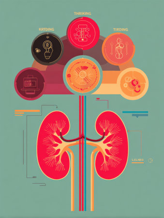 Visual representation outlining the stages of chronic kidney disease, utilizing a flat design style to convey information clearly and effectively.の素材