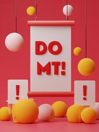 Bright animated banner warns against mixing items with do not mix signs and exclamation icons, surrounded by colorful spheres in a vibrant settingの素材