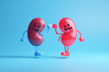 Smiling and flexing animated kidneys in vibrant colors are joyfully showing health and wellness. They inspire positivity and kidney awareness.の素材