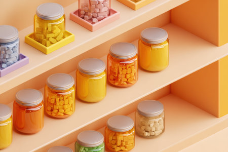 Colorful jars of kidney-safe supplements line the pharmacy shelf, highlighting well-being against a minimalist backdrop.の素材