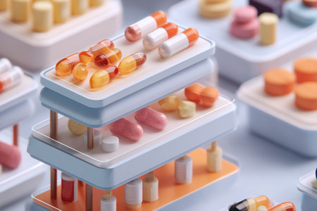 A vibrant pharmacy shelf showcases a range of kidney-safe supplements arranged neatly in an isometric perspective, emphasizing health and wellness options.の素材