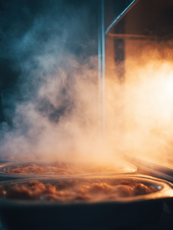 Steam wafts upward from a heated frozen dinner, highlighting the warm dish and the atmosphere of cooking, creating an inviting, cozy environment.の素材