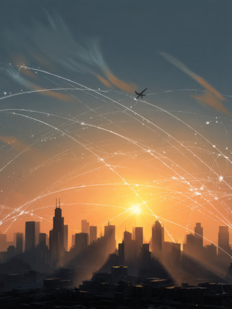 Skyline features tall buildings silhouetted against a vibrant sunset while various courier routes appear above, showcasing the citys connectivity.の素材