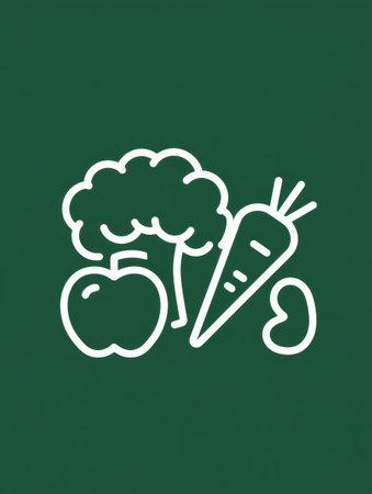 A vibrant green backdrop displays a stylized mix of healthy foods, including an apple, carrot, and broccoli, promoting nutrition.の素材