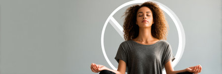 Woman practices meditation in a serene space with a no-caffeine symbol, emphasizing relaxation and mental clarity in a minimalistic environment.の素材