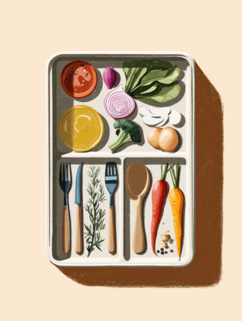 Visual representation of a minimalist meal planner showcasing various fresh ingredients and kitchen tools arranged neatly for meal prep.の素材