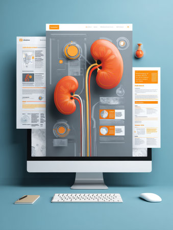 Web portal screen showcases a Kidney Month awareness campaign with an engaging kidney illustration and informative sections on health and awareness.の素材