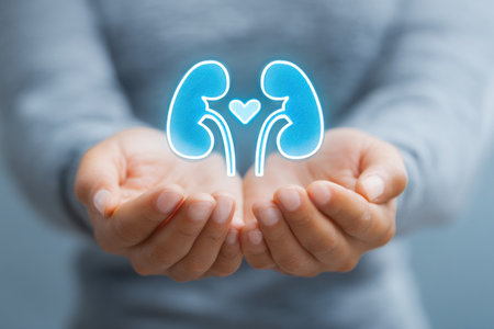 Two hands cradle a kidney donation symbol featuring a heart icon, emphasizing compassion and the importance of organ donation awareness.の素材