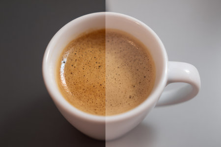 This visual demonstrates the difference in focus levels with caffeine versus without, showcasing a coffee cup filled with frothy brew.の素材