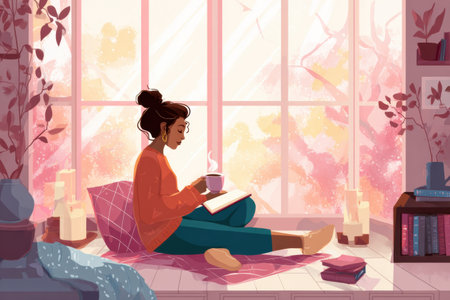A serene moment of journaling unfolds beside a bright window, accompanied by a warm cup of tea and glowing candles, inviting cozy contemplation.の素材