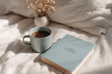 A cup of tea sits next to an open journal titled caffeine-free routine on soft bedding, creating a peaceful atmosphere for morning reflections.の素材