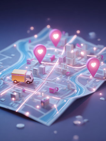 Detailed city map displays glowing route pins and courier icons, highlighting urban locations and potential delivery routes for efficient navigation.の素材