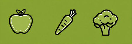Vibrant apple, carrot, and broccoli icons on a green background promote healthy eating and a nutritious lifestyle.の素材