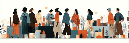 Visitors explore vibrant stalls filled with handmade goods at a lively Sunday market, engaging with artisans and each other in a joyful atmosphere.の素材