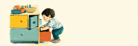 A curious toddler examines unlocked drawers in a tidy playroom filled with colorful storage. The child pulls open a drawer while smiling with excitement.の素材