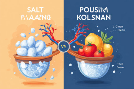 This infographic illustrates the balance of salt and potassium, highlighting their effects on kidney function and dietary considerations for health.の素材