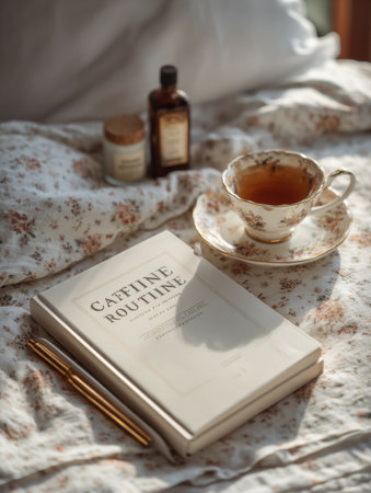 A calm morning unfolds with a cup of tea beside an elegant journal titled caffeine-free routine.の素材